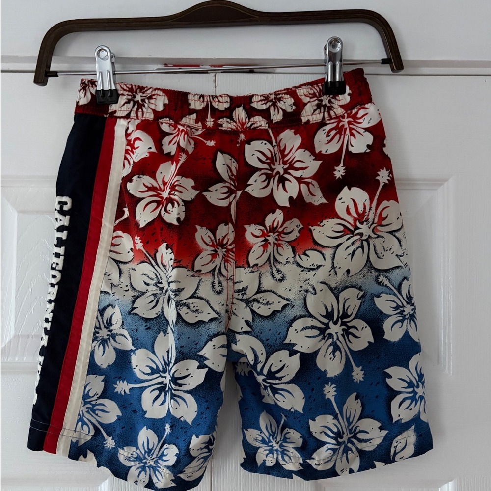 Ocean Pacific OP Boys Swim Trunks Size 5 Red White Blue Hibiscus Floral Shorts